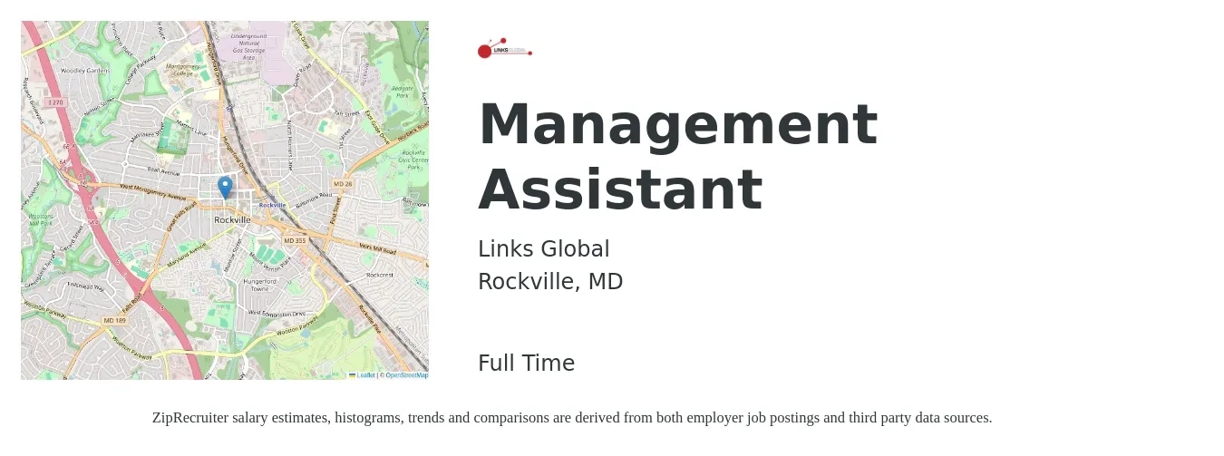 Links Global job posting for a Management Assistant in Rockville, MD with a salary of $48,000 Yearly with a map of Rockville location.