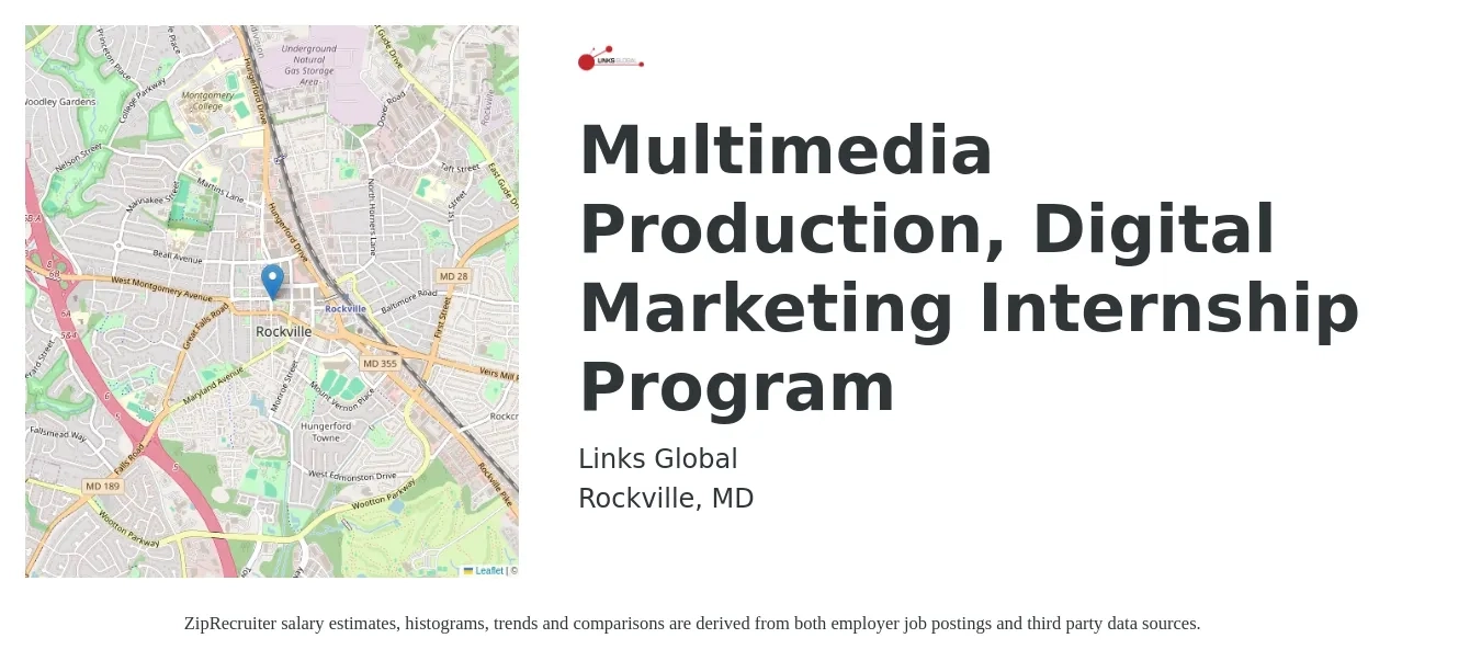 Links Global job posting for a Multimedia Production, Digital Marketing Internship Program in Rockville, MD with a salary of $14 to $19 Hourly with a map of Rockville location.