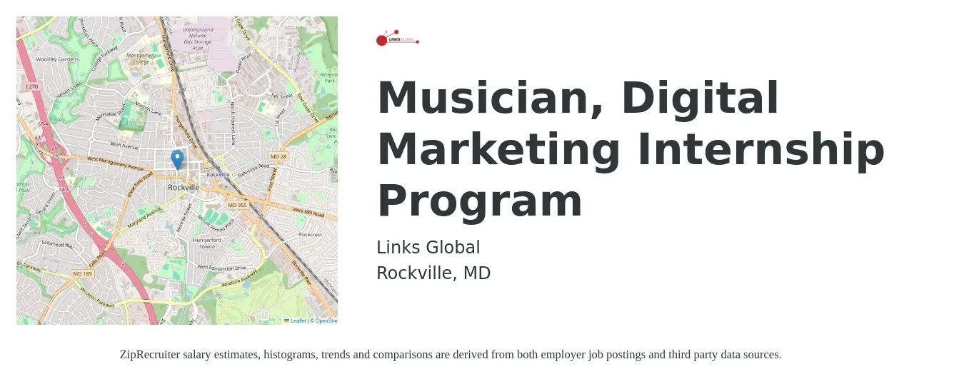 Links Global job posting for a Musician, Digital Marketing Internship Program in Rockville, MD with a salary of $14 to $19 Hourly with a map of Rockville location.
