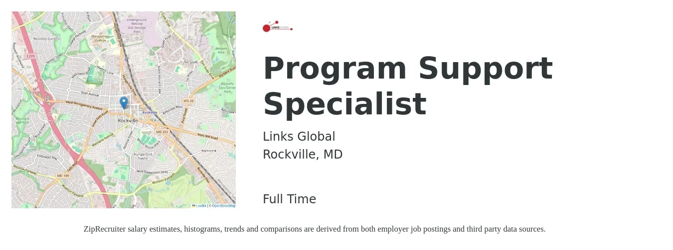 Links Global job posting for a Program Support Specialist in Rockville, MD with a salary of $95,000 Yearly with a map of Rockville location.