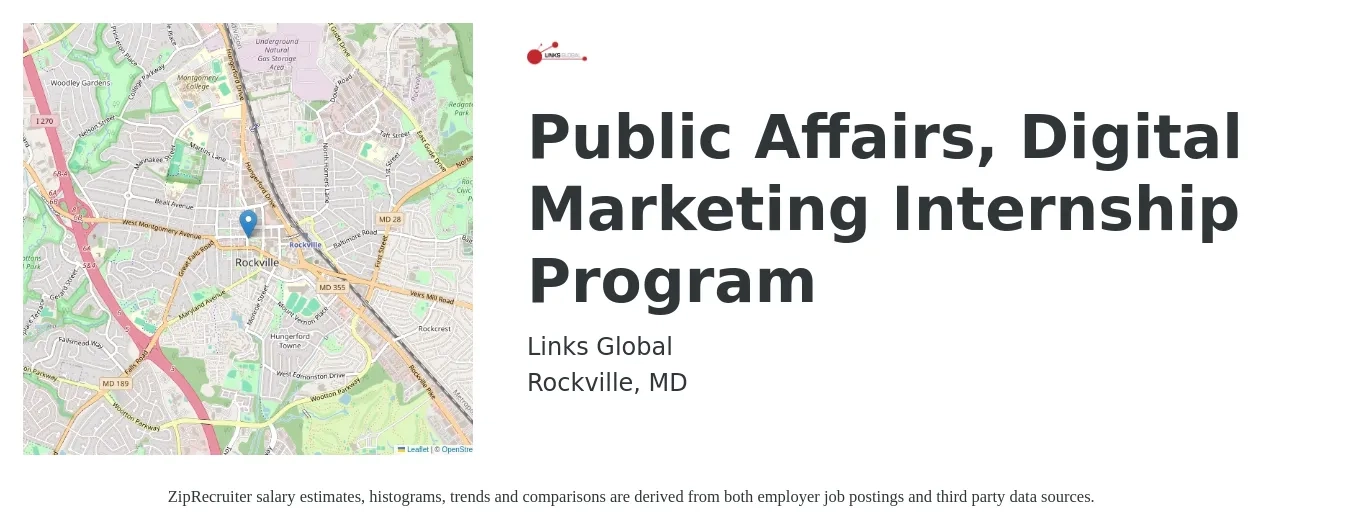 Links Global job posting for a Public Affairs, Digital Marketing Internship Program in Rockville, MD with a salary of $14 to $19 Hourly with a map of Rockville location.