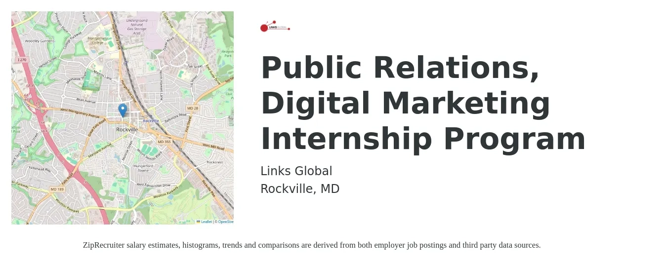 Links Global job posting for a Public Relations, Digital Marketing Internship Program in Rockville, MD with a salary of $14 to $19 Hourly with a map of Rockville location.
