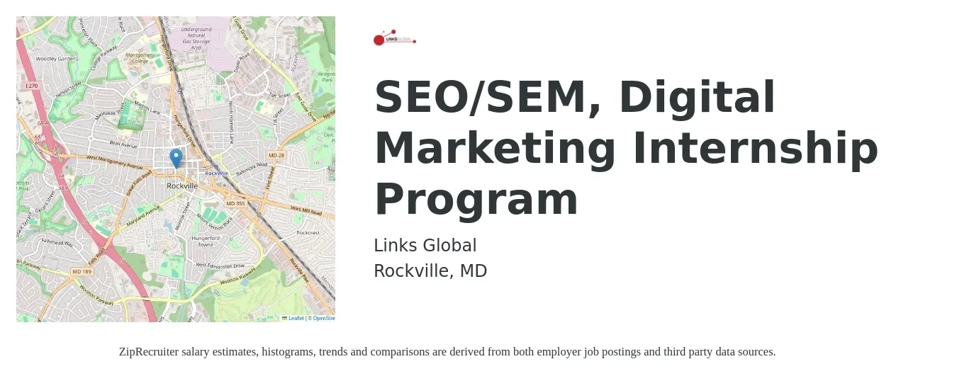 Links Global job posting for a SEO/SEM, Digital Marketing Internship Program in Rockville, MD with a salary of $14 to $19 Hourly with a map of Rockville location.