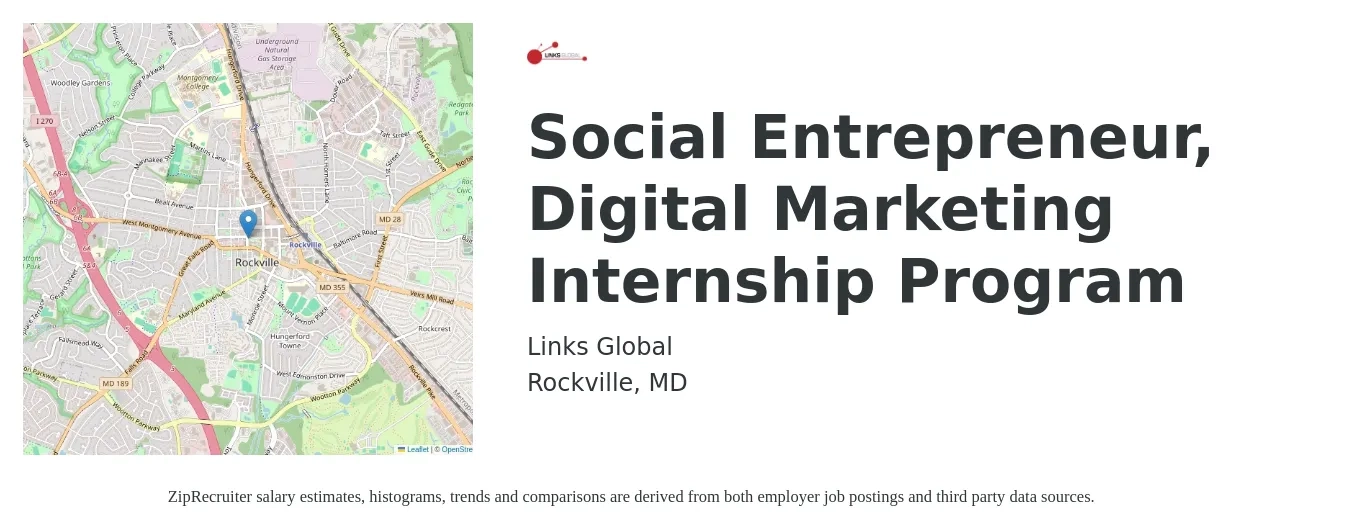Links Global job posting for a Social Entrepreneur, Digital Marketing Internship Program in Rockville, MD with a salary of $14 to $19 Hourly with a map of Rockville location.