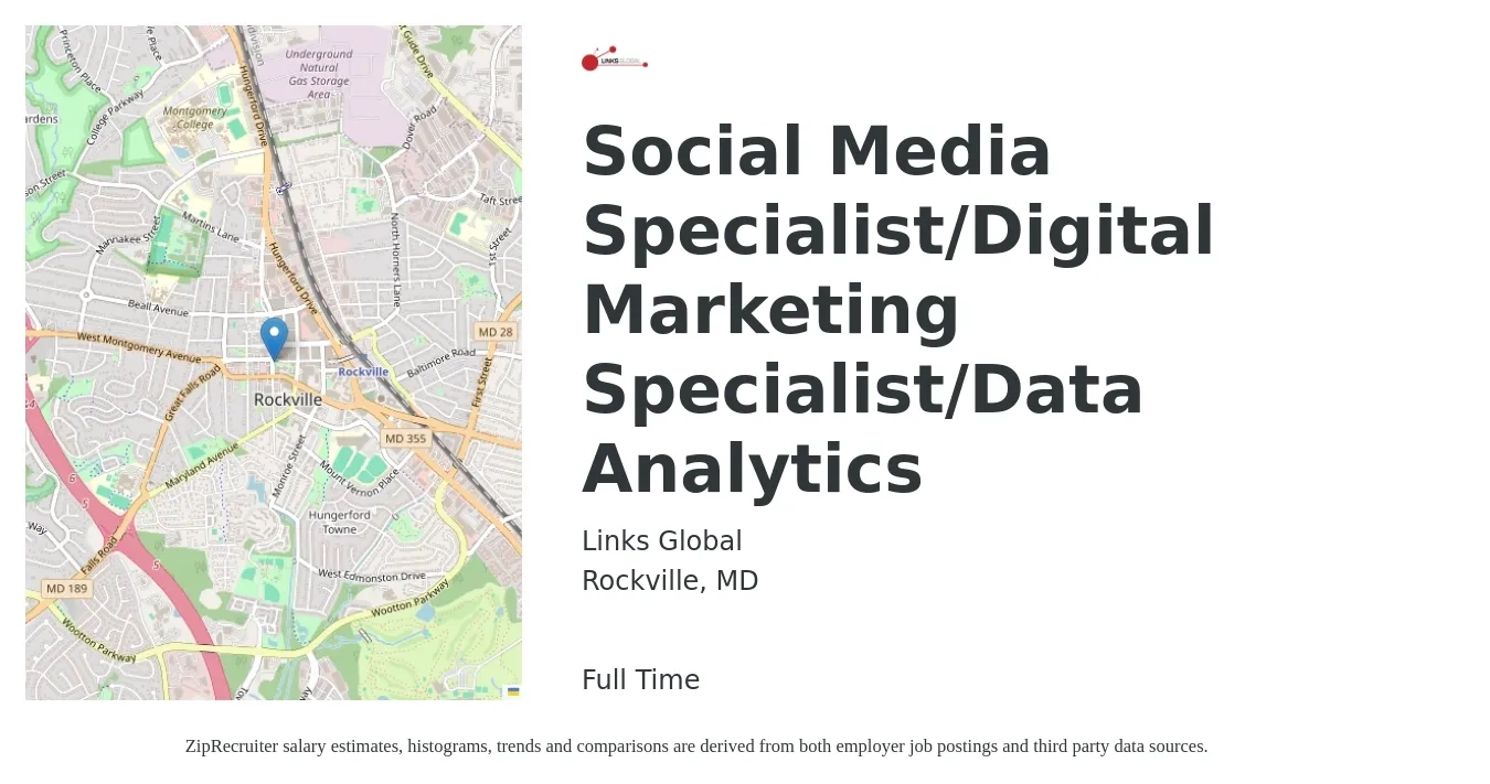 Links Global job posting for a Social Media Specialist/Digital Marketing Specialist/Data Analytics in Rockville, MD with a salary of $42,800 to $63,200 Yearly with a map of Rockville location.