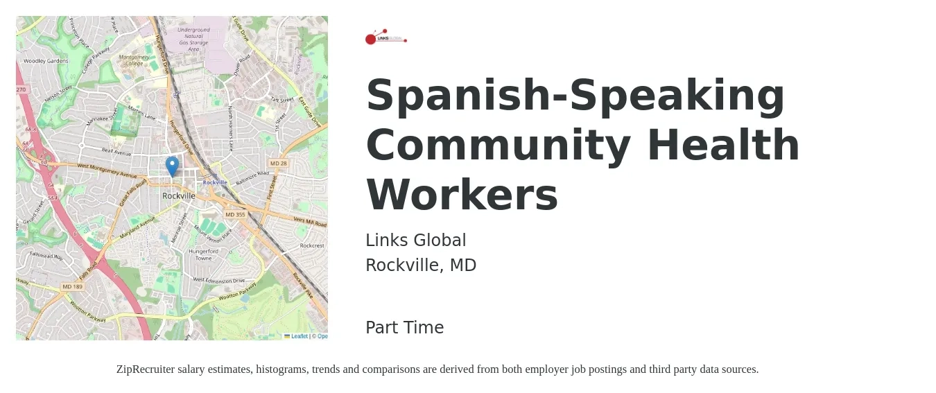Links Global job posting for a Spanish-Speaking Community Health Workers in Rockville, MD with a salary of $28 Hourly with a map of Rockville location.