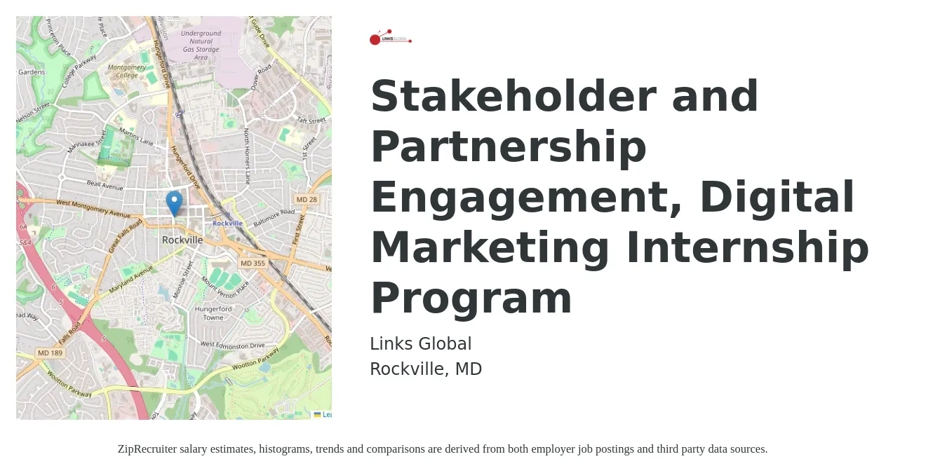 Links Global job posting for a Stakeholder and Partnership Engagement, Digital Marketing Internship Program in Rockville, MD with a salary of $14 to $19 Hourly with a map of Rockville location.