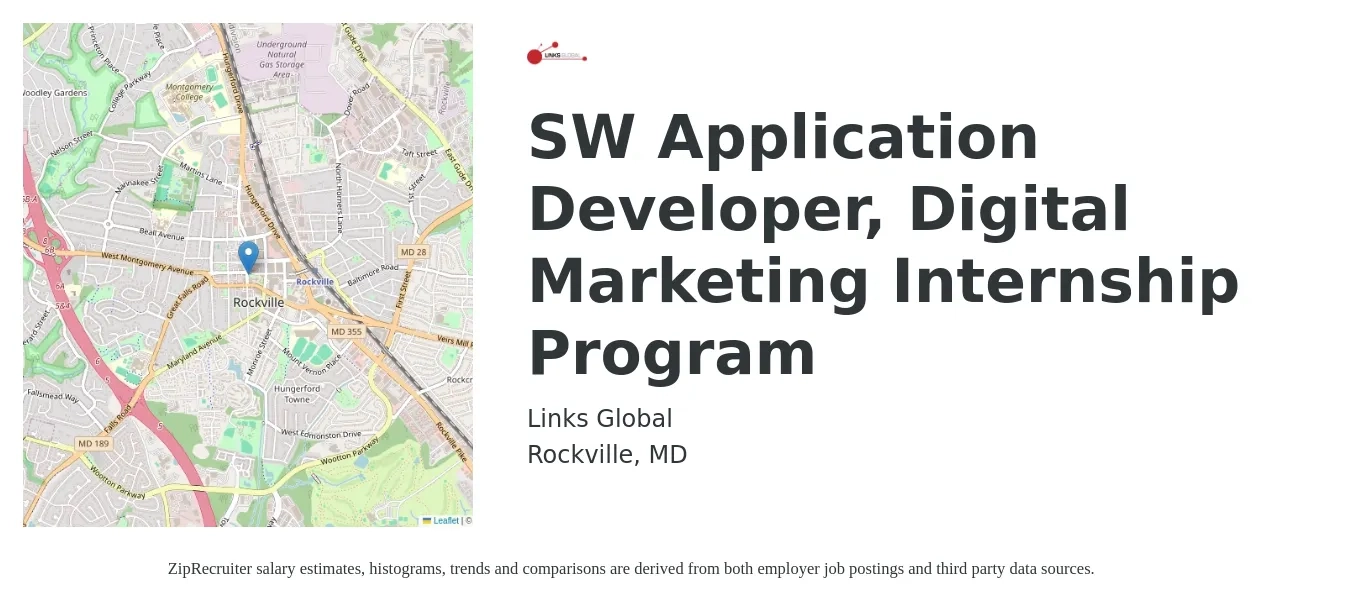 Links Global job posting for a SW Application Developer, Digital Marketing Internship Program in Rockville, MD with a salary of $14 to $19 Hourly with a map of Rockville location.