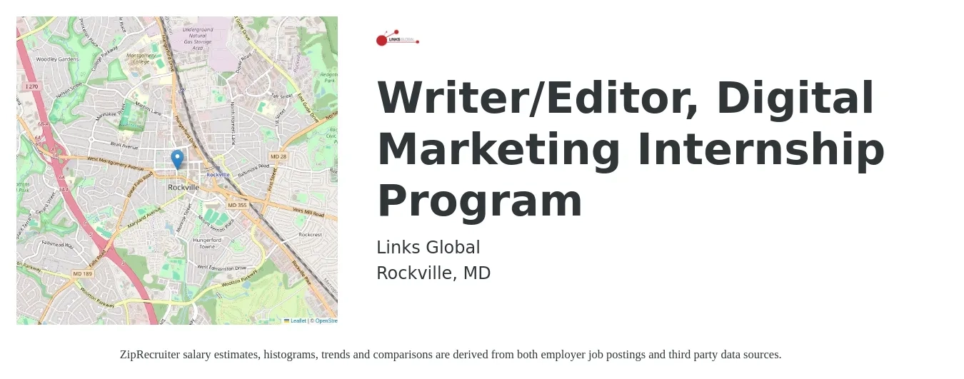 Links Global job posting for a Writer/Editor, Digital Marketing Internship Program in Rockville, MD with a salary of $14 to $19 Hourly with a map of Rockville location.