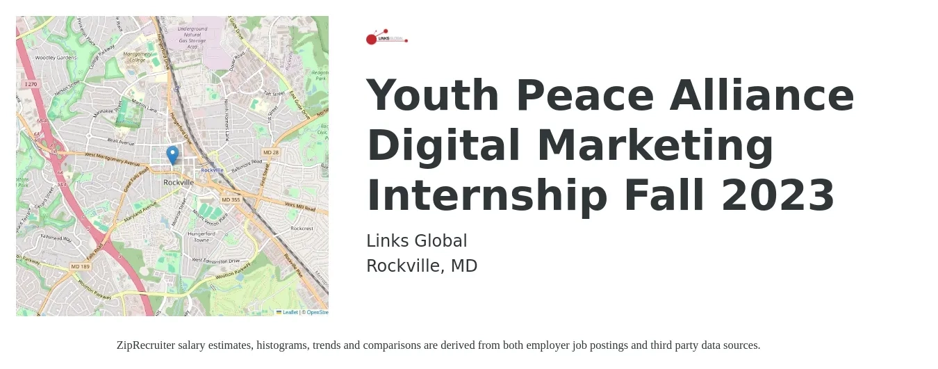 Links Global job posting for a Youth Peace Alliance Digital Marketing Internship Fall 2023 in Rockville, MD with a salary of $14 to $19 Hourly with a map of Rockville location.