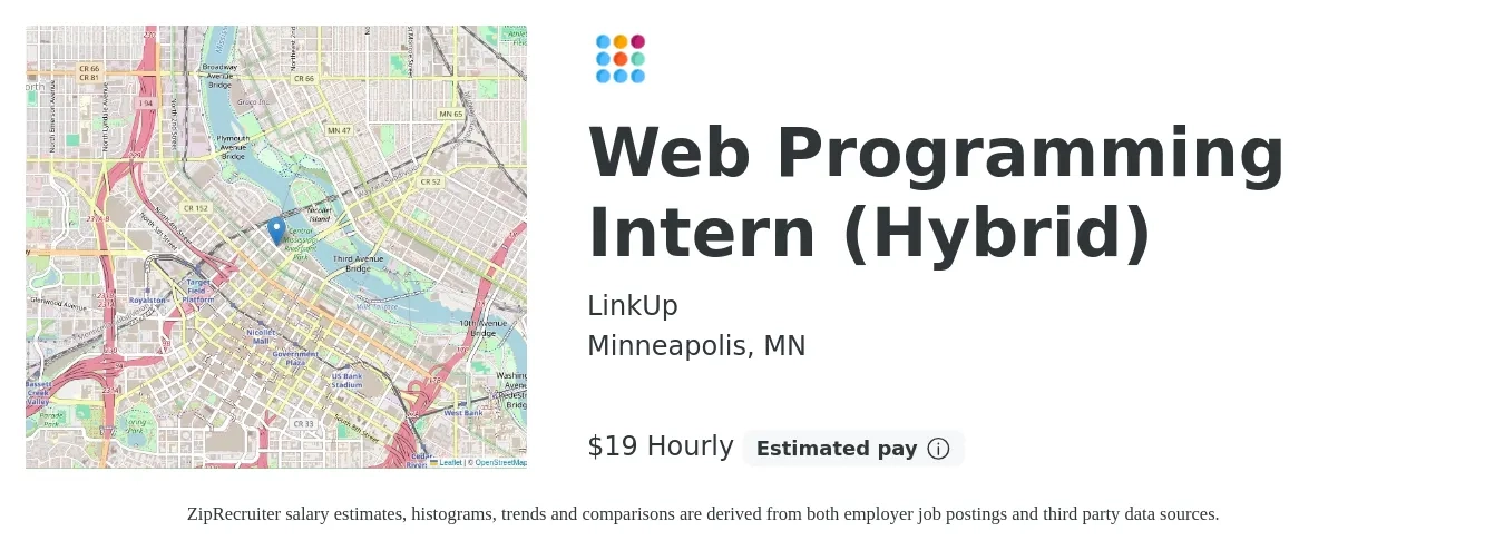 LinkUp job posting for a Web Programming Intern (Hybrid) in Minneapolis, MN with a salary of $20 Hourly with a map of Minneapolis location.