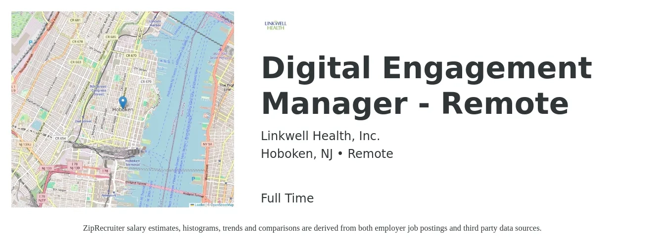 Linkwell Health, Inc. job posting for a Digital Engagement Manager - Remote in Hoboken, NJ with a salary of $59,100 to $102,900 Yearly with a map of Hoboken location.
