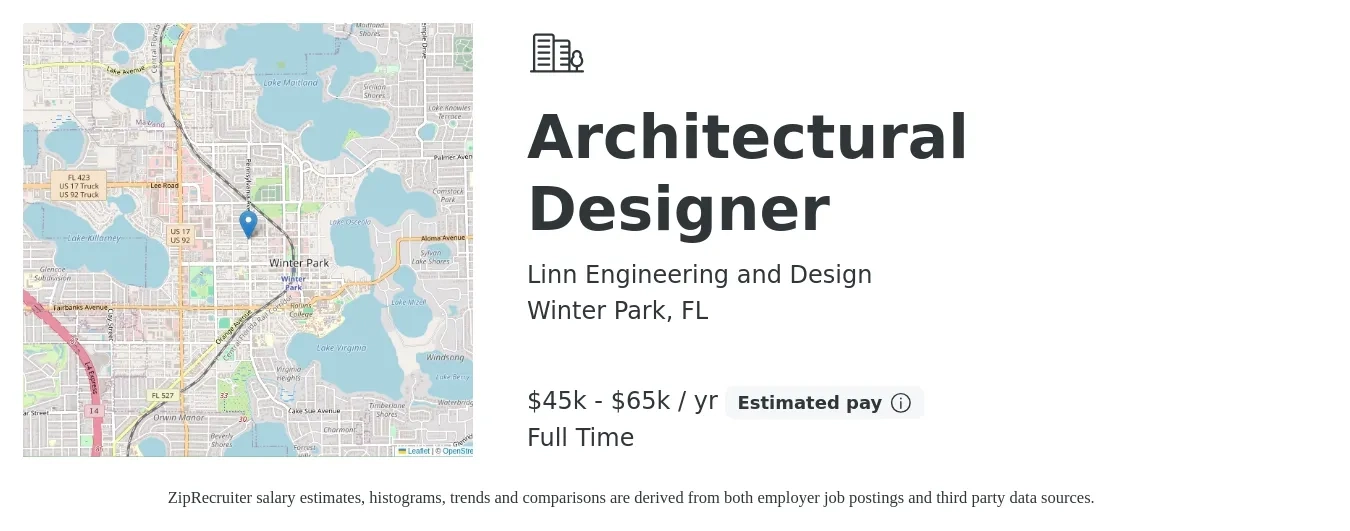 Linn Engineering and Design job posting for a Architectural Designer in Winter Park, FL with a salary of $45,000 to $65,000 Yearly and benefits including pto with a map of Winter Park location.