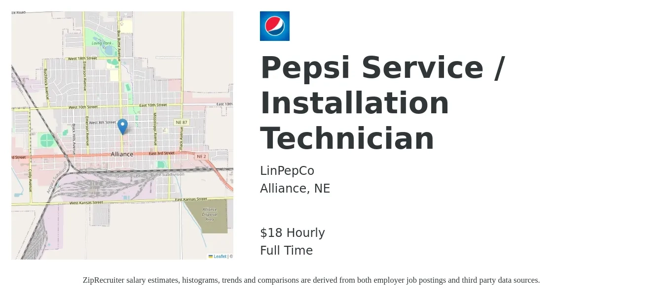 LinPepCo job posting for a Pepsi Service / Installation Technician in Alliance, NE with a salary of $19 Hourly with a map of Alliance location.