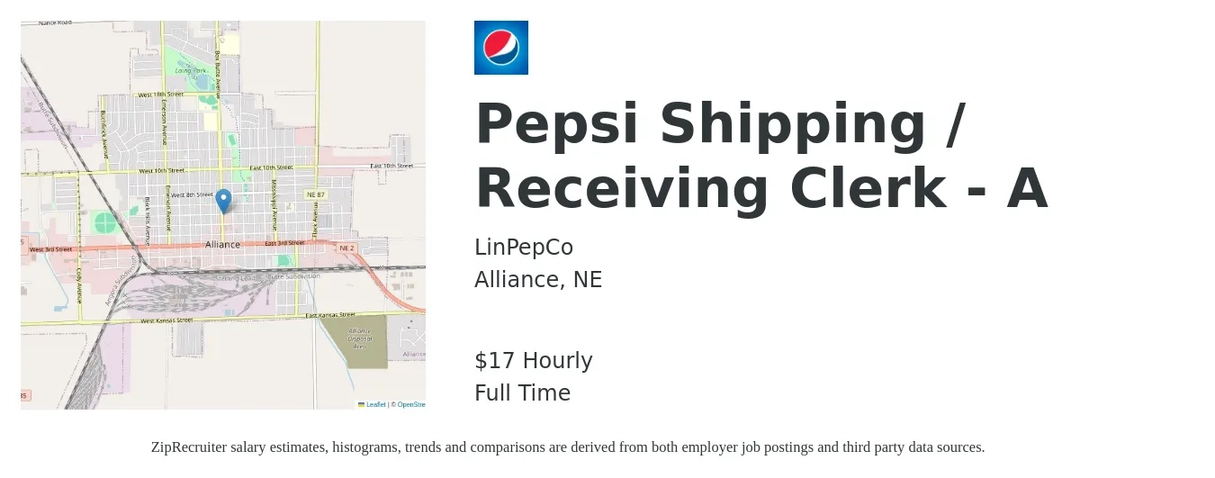 LinPepCo job posting for a Pepsi Shipping / Receiving Clerk - A in Alliance, NE with a salary of $18 Hourly with a map of Alliance location.