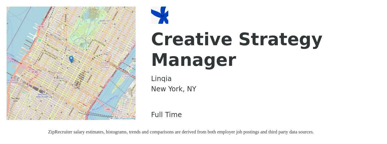Linqia job posting for a Creative Strategy Manager in New York, NY with a salary of $98,500 to $172,300 Yearly with a map of New York location.