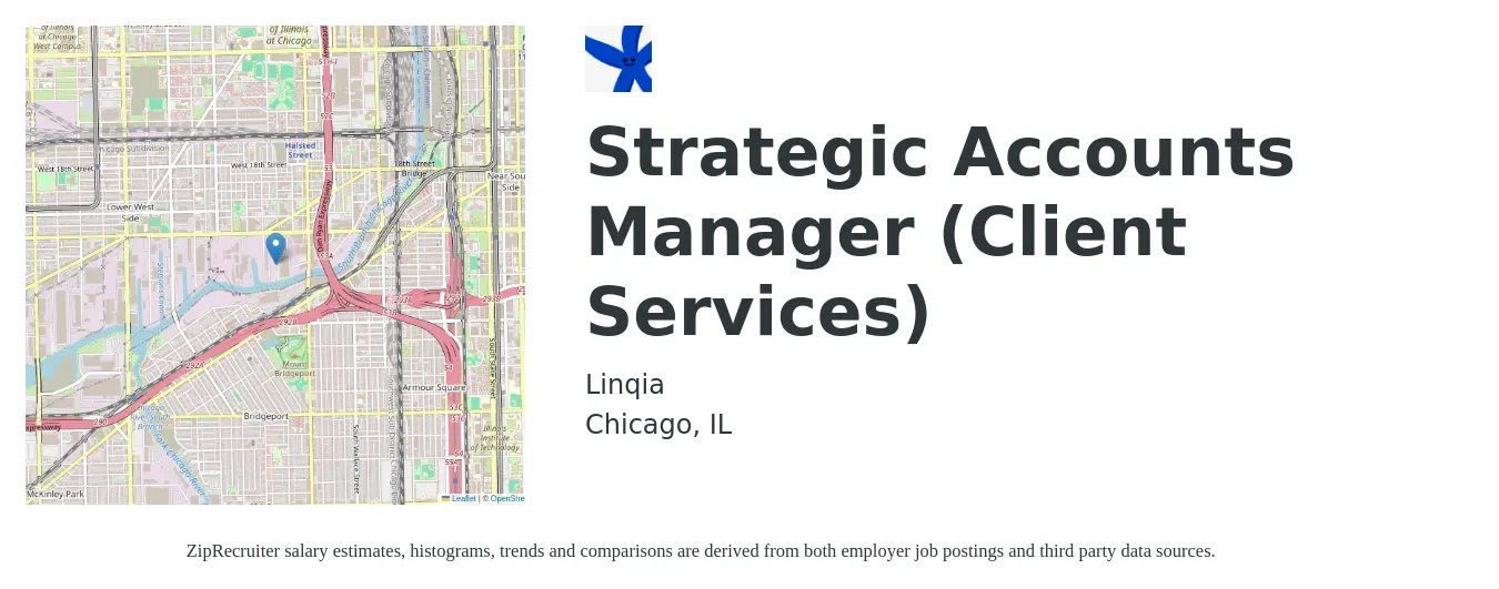 Linqia job posting for a Strategic Accounts Manager (Client Services) in Chicago, IL with a salary of $69,000 to $110,700 Yearly with a map of Chicago location.