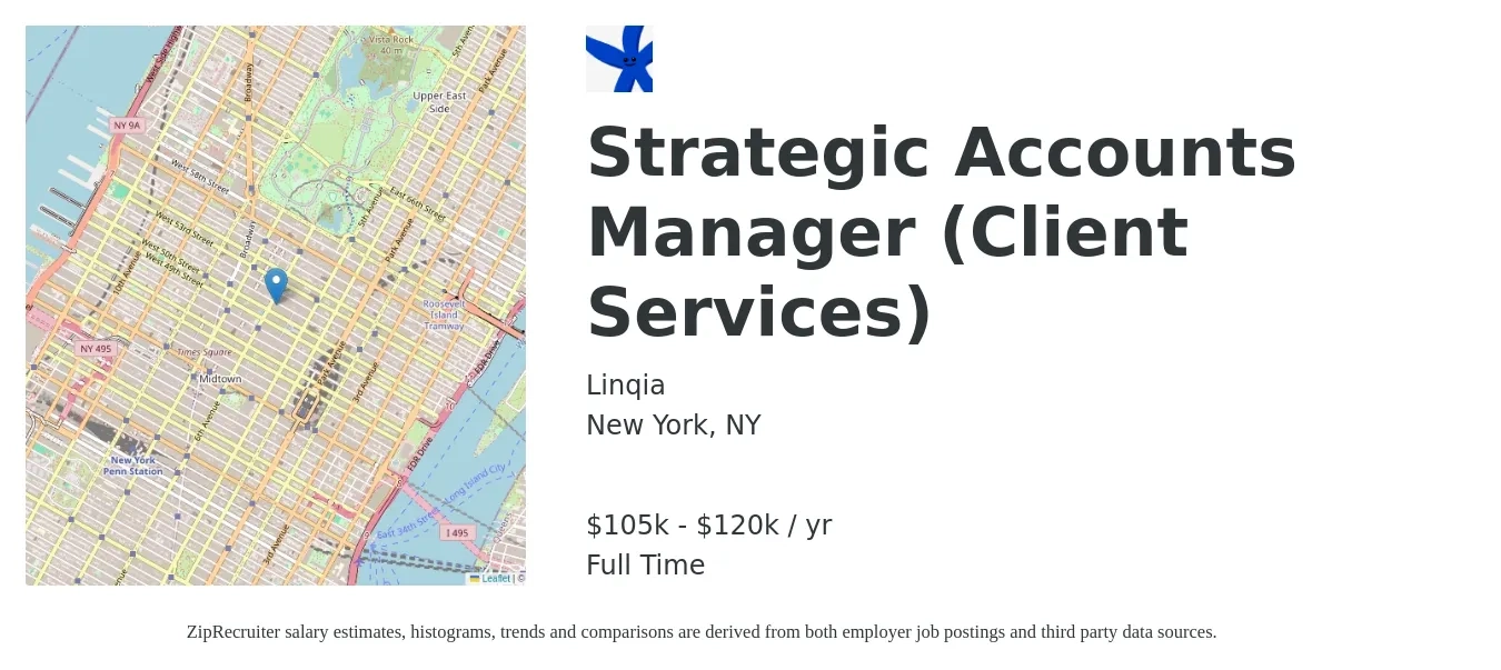Linqia job posting for a Strategic Accounts Manager (Client Services) in New York, NY with a salary of $105,000 to $120,000 Yearly with a map of New York location.
