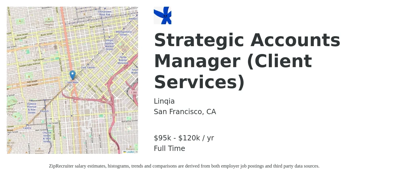 Linqia job posting for a Strategic Accounts Manager (Client Services) in San Francisco, CA with a salary of $95,000 to $120,000 Yearly with a map of San Francisco location.