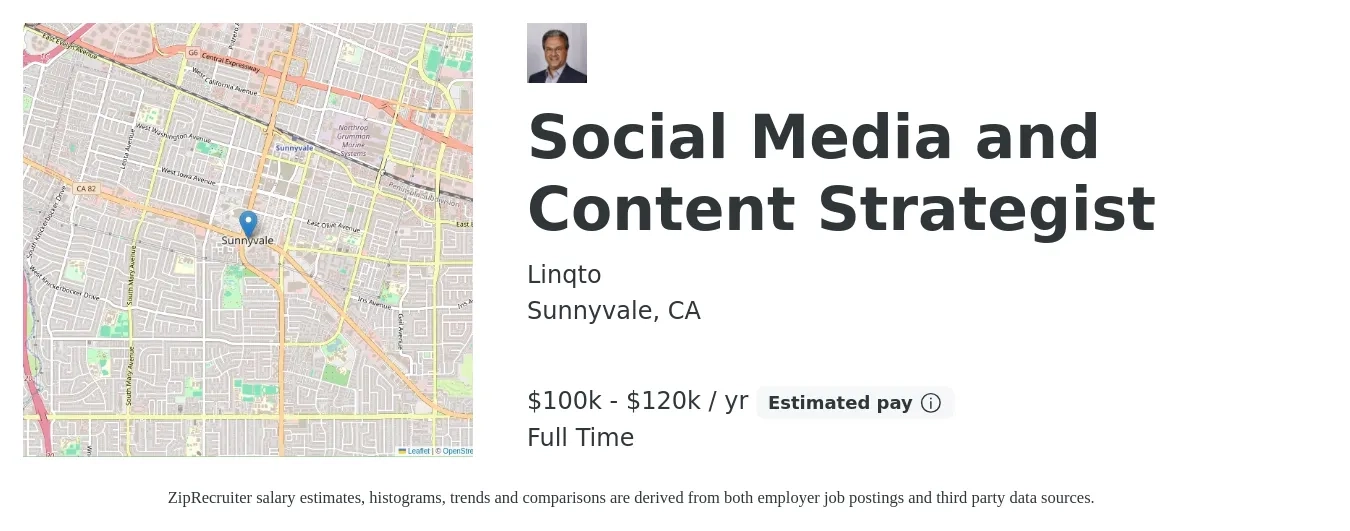 Linqto job posting for a Social Media and Content Strategist in Sunnyvale, CA with a salary of $100,000 to $120,000 Yearly with a map of Sunnyvale location.