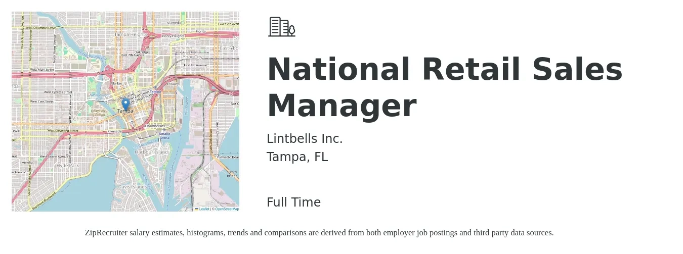 Lintbells Inc. job posting for a National Retail Sales Manager in Tampa, FL with a salary of $16 to $19 Hourly with a map of Tampa location.