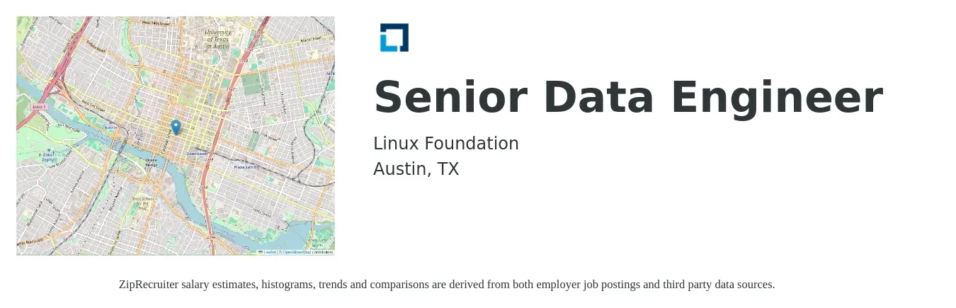Linux Foundation job posting for a Senior Data Engineer in Austin, TX with a salary of $105,100 to $142,700 Yearly with a map of Austin location.