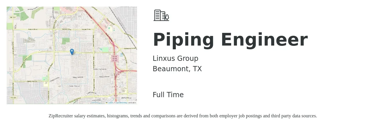 Linxus Group job posting for a Piping Engineer in Beaumont, TX with a salary of $98,700 to $154,200 Yearly with a map of Beaumont location.