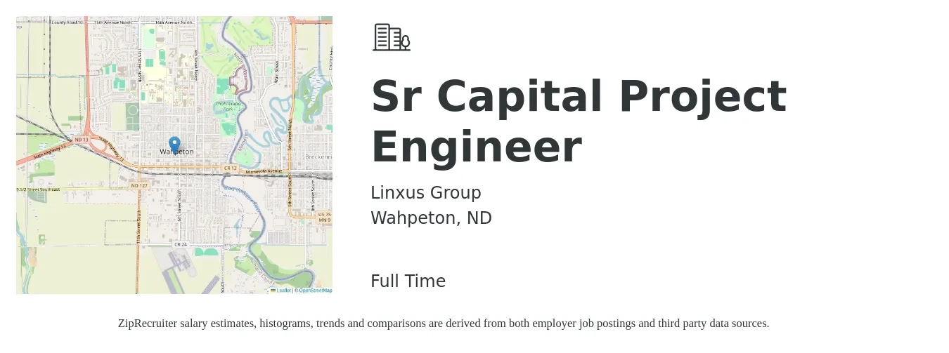 Linxus Group job posting for a Sr Capital Project Engineer in Wahpeton, ND with a salary of $91,700 to $119,500 Yearly with a map of Wahpeton location.