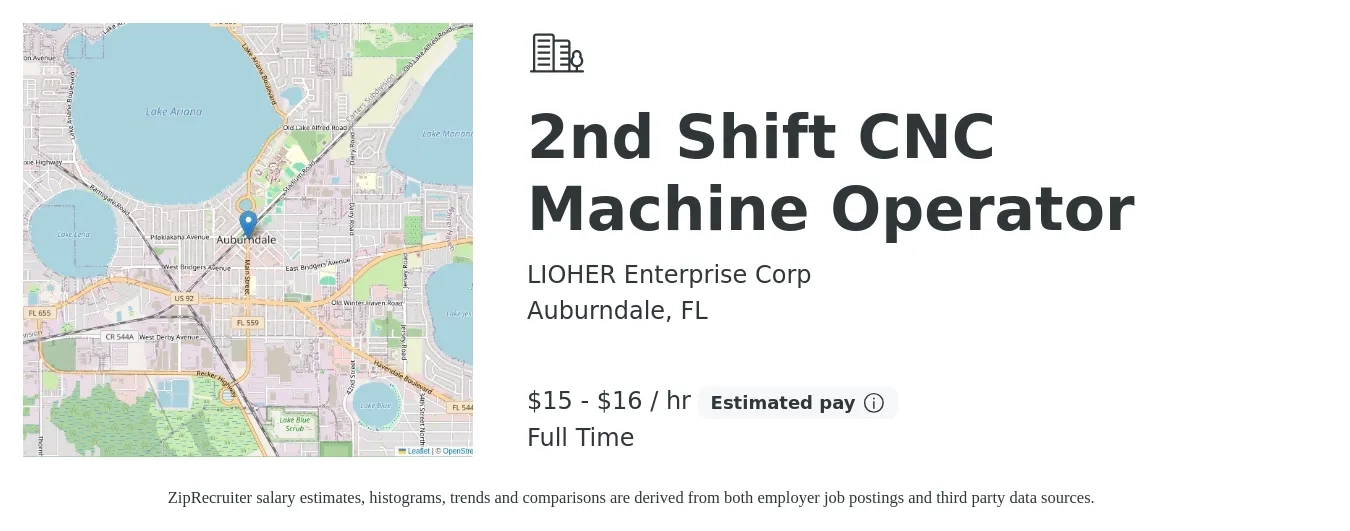 LIOHER Enterprise Corp job posting for a 2nd Shift CNC Machine Operator in Auburndale, FL with a salary of $16 to $17 Hourly with a map of Auburndale location.