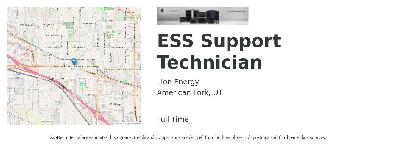Lion Energy job posting for a ESS Support Technician in American Fork, UT with a salary of $33,500 to $42,000 Yearly with a map of American Fork location.