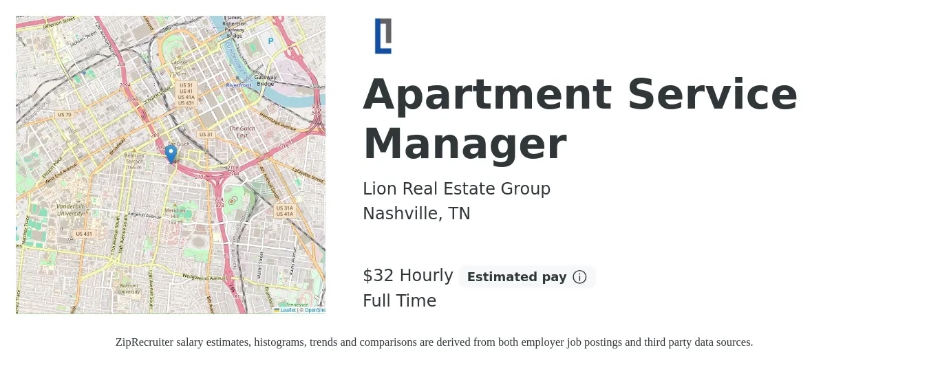 Lion Real Estate Group job posting for a Apartment Service Manager in Nashville, TN with a salary of $34 Hourly with a map of Nashville location.