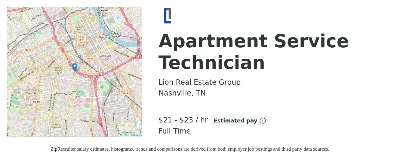 Lion Real Estate Group job posting for a Apartment Service Technician in Nashville, TN with a salary of $24 Hourly with a map of Nashville location.