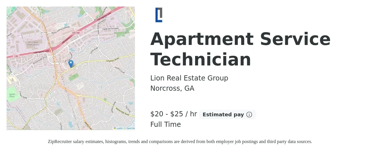 Lion Real Estate Group job posting for a Apartment Service Technician in Norcross, GA with a salary of $21 to $26 Hourly with a map of Norcross location.