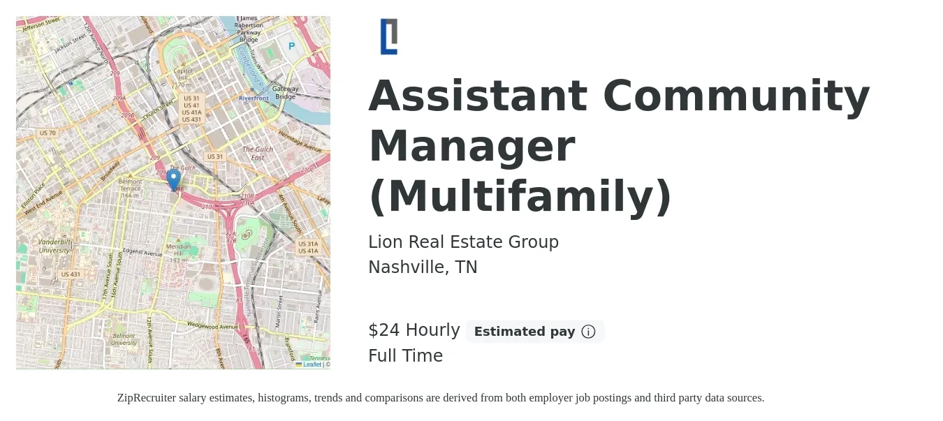 Lion Real Estate Group job posting for a Assistant Community Manager (Multifamily) in Nashville, TN with a salary of $25 Hourly with a map of Nashville location.