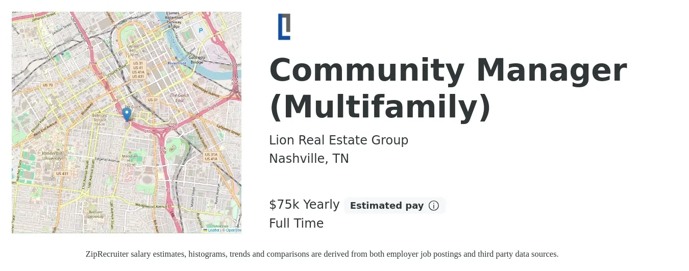 Lion Real Estate Group job posting for a Community Manager (Multifamily) in Nashville, TN with a salary of $75,000 Yearly with a map of Nashville location.