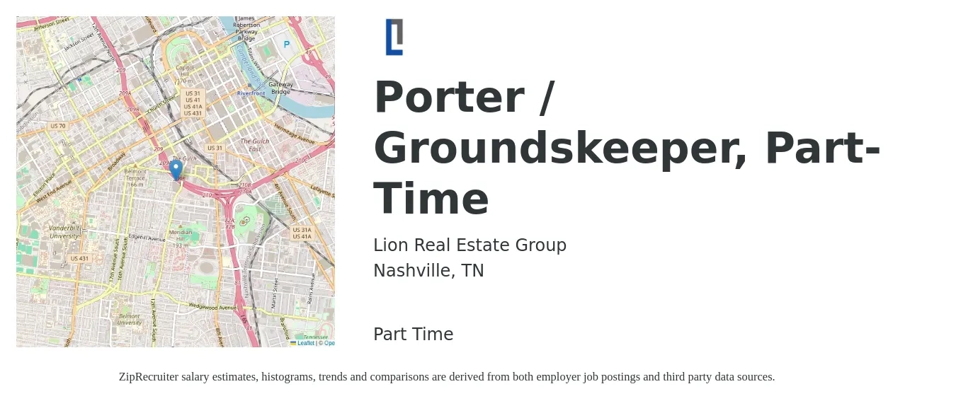 Lion Real Estate Group job posting for a Porter / Groundskeeper, Part-Time in Nashville, TN with a salary of $19 Hourly with a map of Nashville location.
