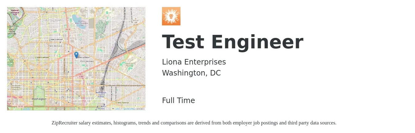 Liona Enterprises job posting for a Test Engineer in Washington, DC with a salary of $39 to $62 Hourly with a map of Washington location.