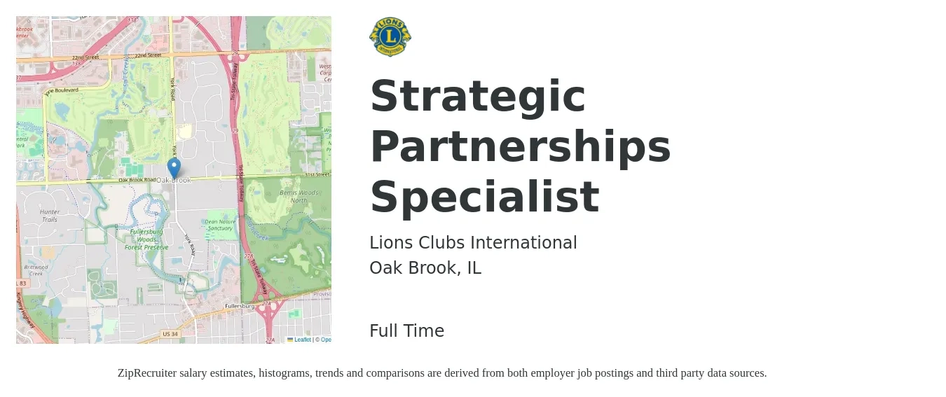 Lions Clubs International job posting for a Strategic Partnerships Specialist in Oak Brook, IL with a salary of $68,700 to $87,400 Yearly with a map of Oak Brook location.