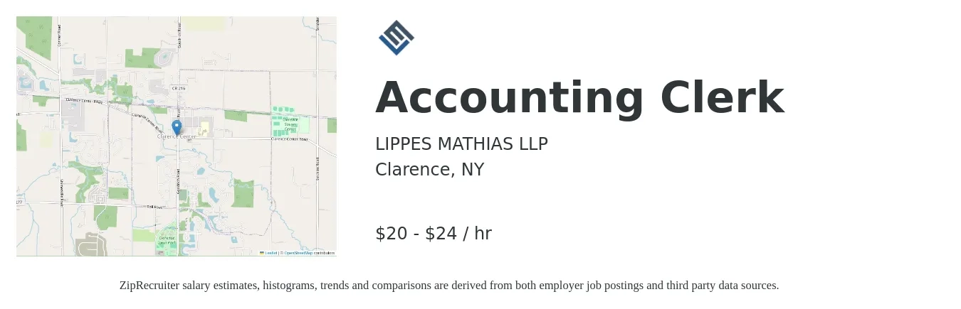 LIPPES MATHIAS LLP job posting for a Accounting Clerk in Clarence, NY with a salary of $20 to $25 Hourly with a map of Clarence location.