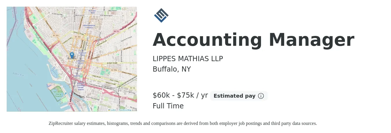 LIPPES MATHIAS LLP job posting for a Accounting Manager in Buffalo, NY with a salary of $60,000 to $75,000 Yearly with a map of Buffalo location.