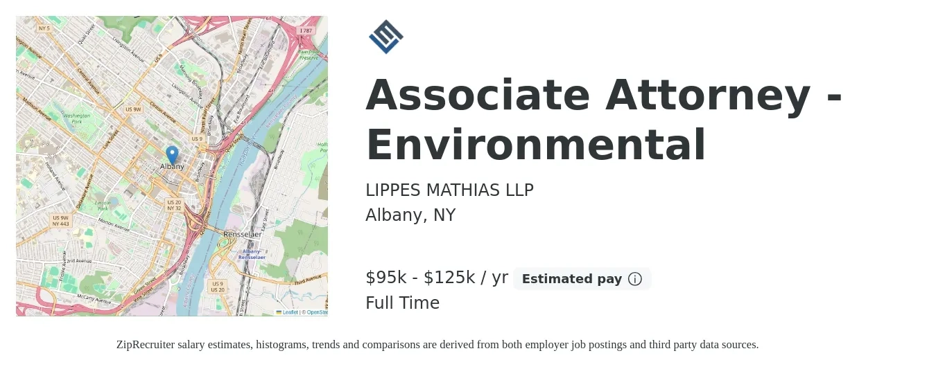 LIPPES MATHIAS LLP job posting for a Associate Attorney - Environmental in Albany, NY with a salary of $105,000 to $130,000 Yearly with a map of Albany location.