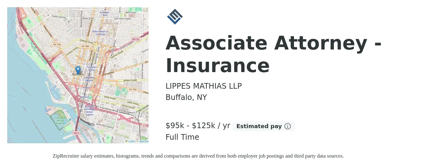 LIPPES MATHIAS LLP job posting for a Associate Attorney - Insurance in Buffalo, NY with a salary of $85,000 to $115,000 Yearly with a map of Buffalo location.