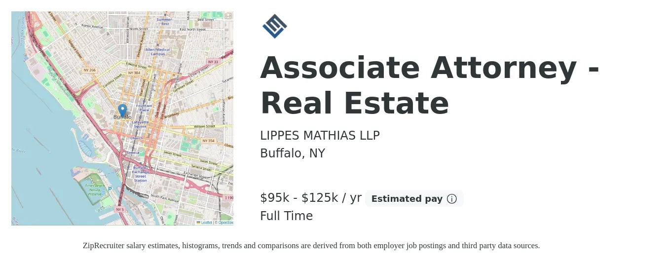 LIPPES MATHIAS LLP job posting for a Associate Attorney - Real Estate in Buffalo, NY with a salary of $100,000 to $130,000 Yearly with a map of Buffalo location.