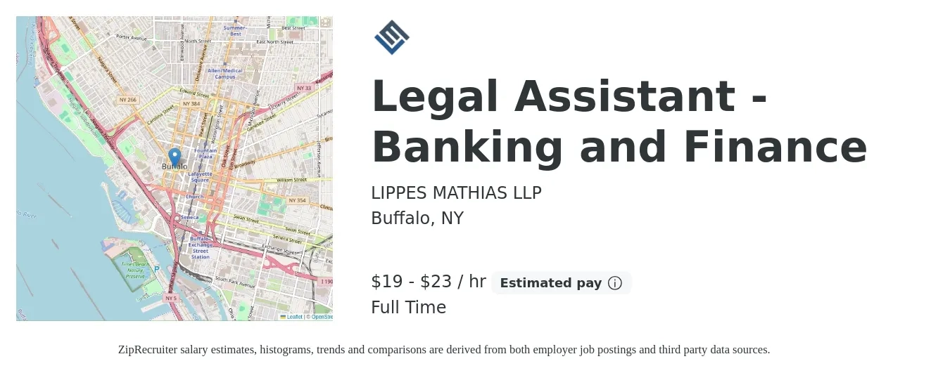 LIPPES MATHIAS LLP job posting for a Legal Assistant - Banking and Finance in Buffalo, NY with a salary of $20 to $24 Hourly with a map of Buffalo location.