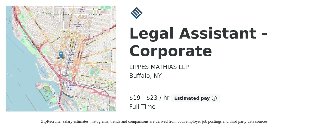 LIPPES MATHIAS LLP job posting for a Legal Assistant - Corporate in Buffalo, NY with a salary of $20 to $24 Hourly with a map of Buffalo location.