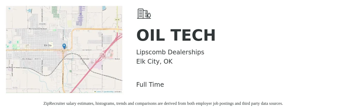 Lipscomb Dealerships job posting for a OIL TECH in Elk City, OK with a salary of $12 to $17 Hourly with a map of Elk City location.