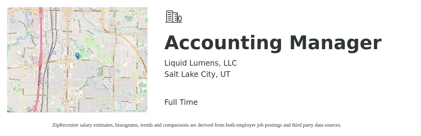 Liquid Lumens, LLC job posting for a Accounting Manager in Salt Lake City, UT with a salary of $75,500 to $108,400 Yearly and benefits including pto, and medical with a map of Salt Lake City location.