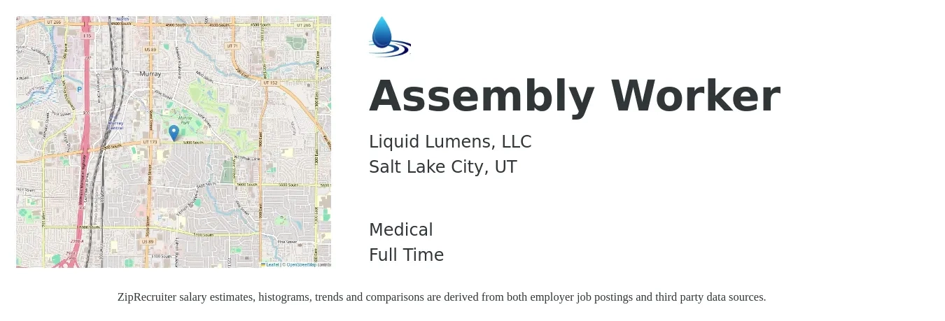 Liquid Lumens, LLC job posting for a Assembly Worker in Salt Lake City, UT with a salary of $14 to $18 Hourly and benefits including medical with a map of Salt Lake City location.