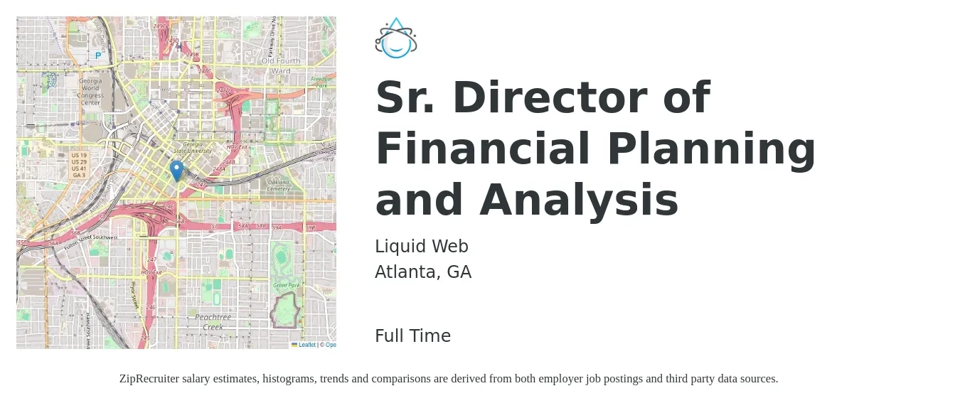Liquid Web job posting for a Sr. Director of Financial Planning and Analysis in Atlanta, GA with a salary of $117,800 to $154,800 Yearly with a map of Atlanta location.