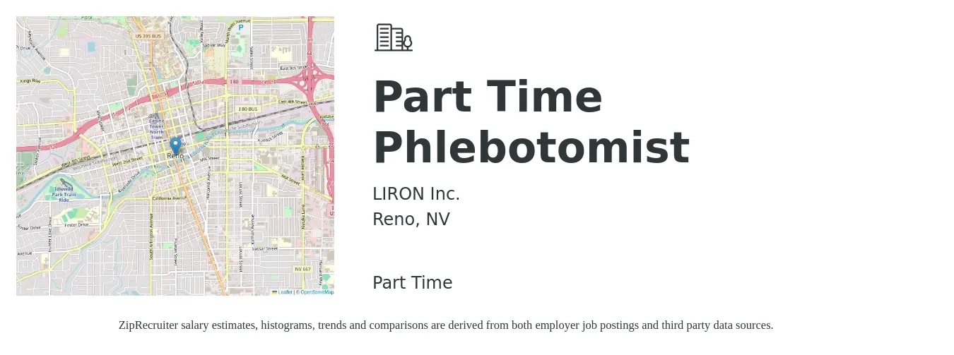 LIRON Inc. job posting for a Part Time Phlebotomist in Reno, NV with a salary of $17 to $21 Hourly with a map of Reno location.